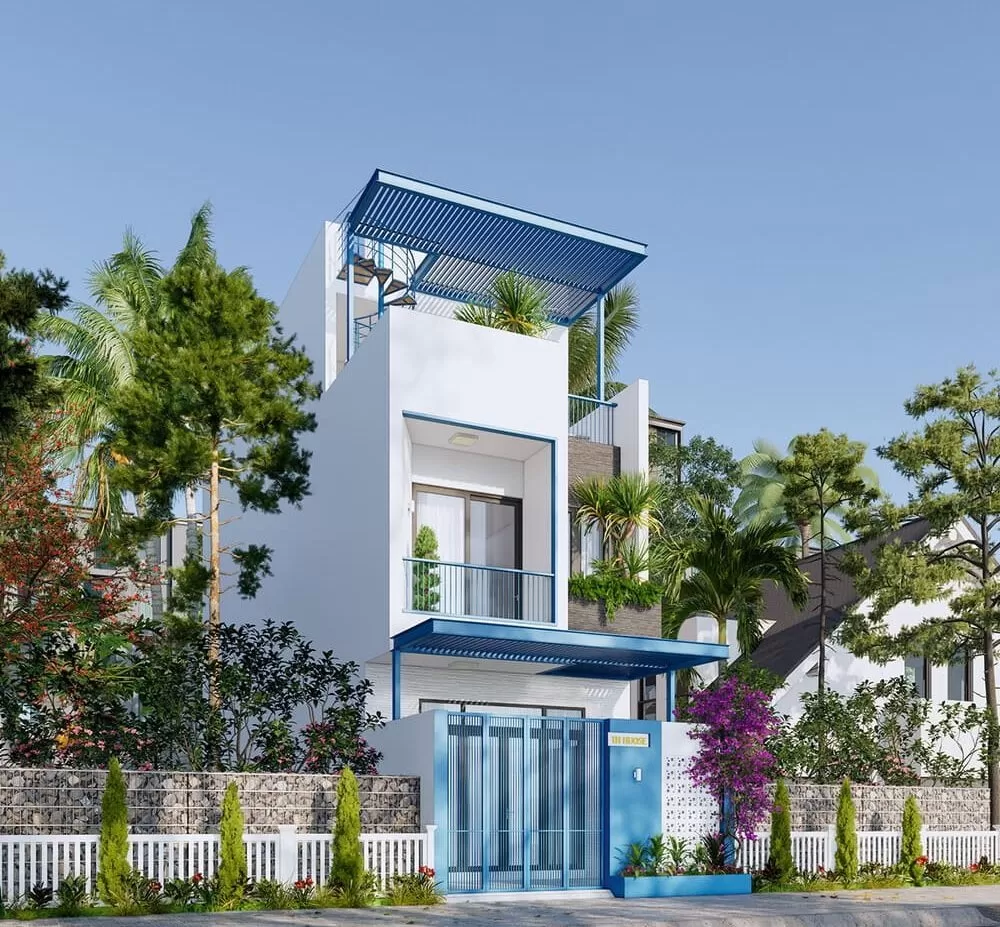 Phối màu trắng xanh độc đáo cho nhà phố 5x20m 3 tầng