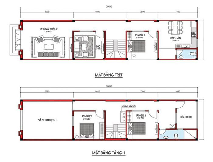 Bản vẽ nhà 2 tầng 3 phòng ngủ 5×15m