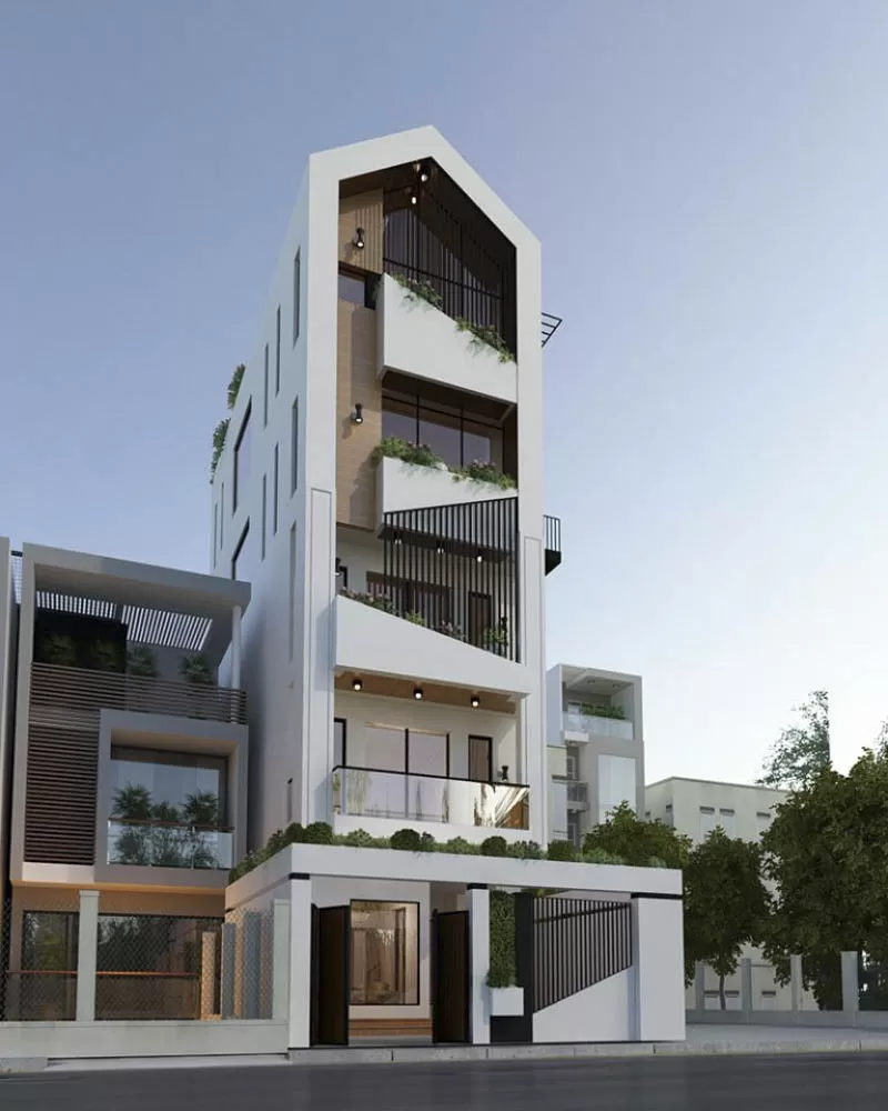 Mẫu nhà phố 5 tầng hiện đại sử dụng mái chóp nhọn vô cùng thanh thoát