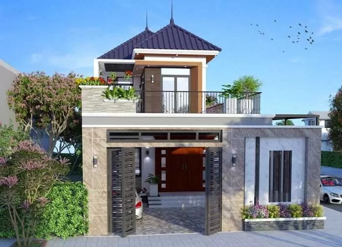 Mẫu nhà 2 tầng 6x16m mái nhật sở hữu phần cổng kiến cố, vững chắc