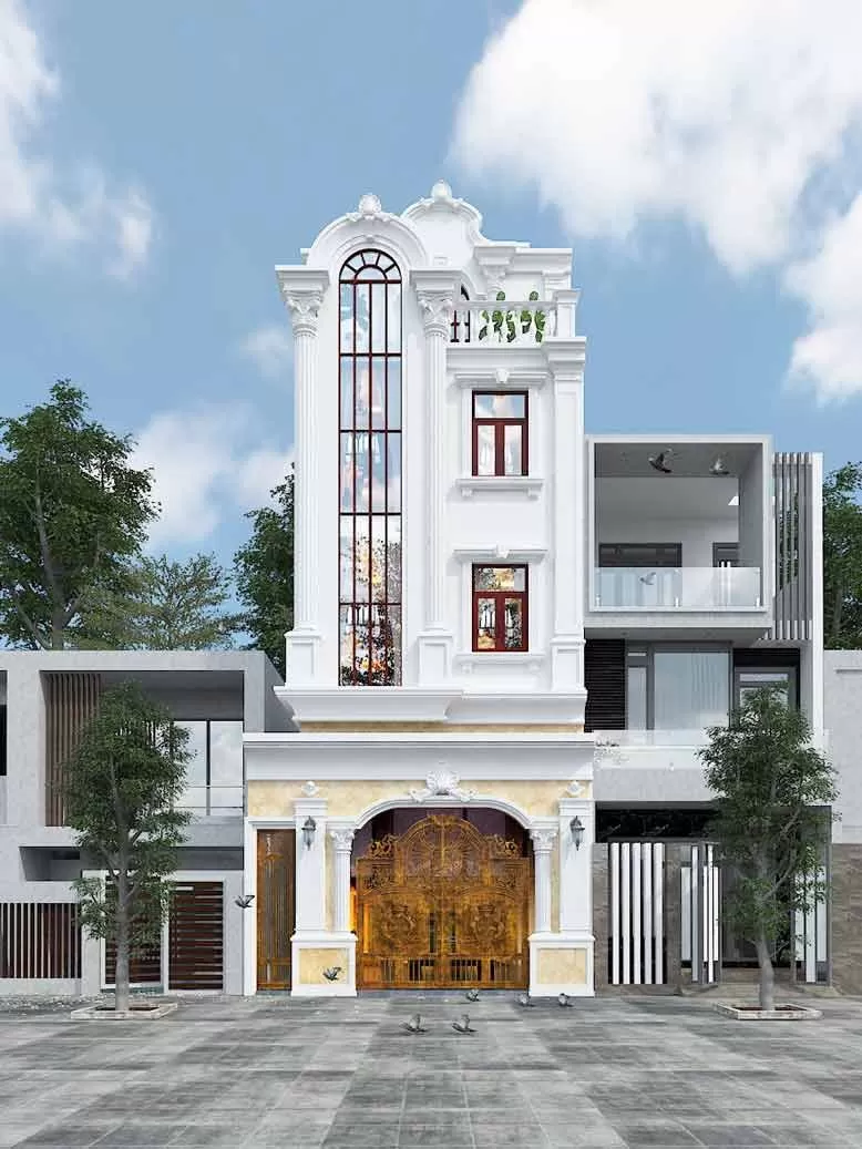 Nhà Tân Cổ Điển 4 tầng mặt tiền 6m sâu 20m nổi bật với cổng sắt vàng hoa văn mỹ thuật đẹp mắt