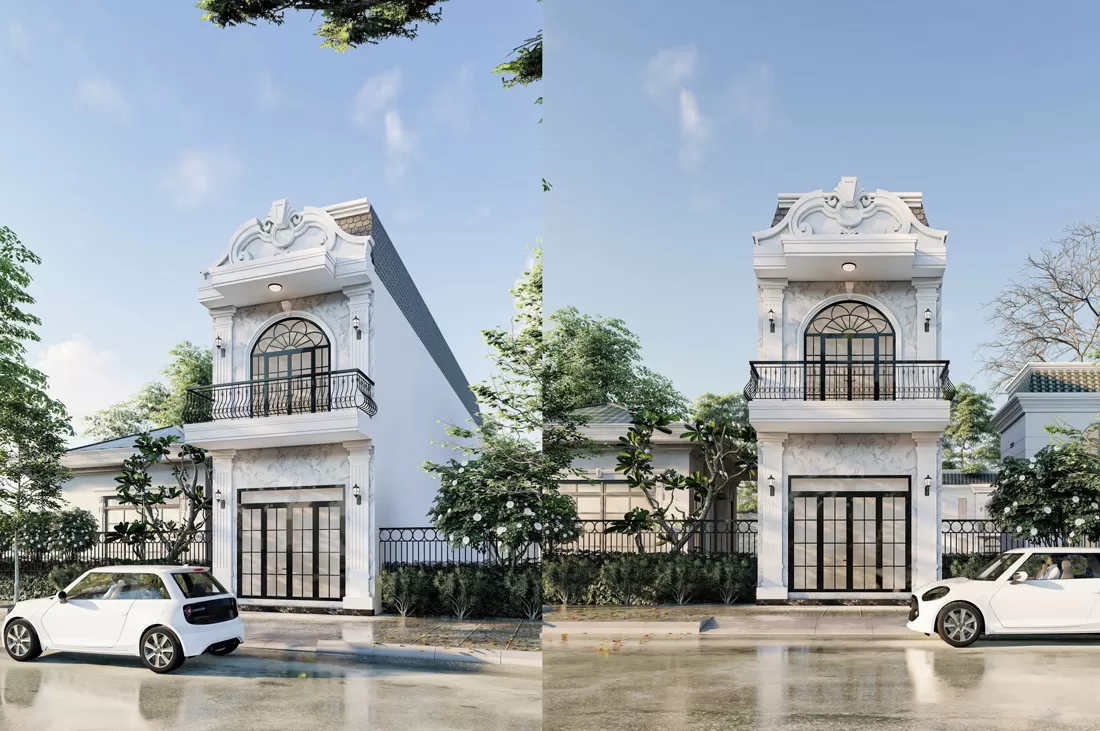 Mẫu nhà Tân Cổ Điển 2 tầng mặt tiền 6m tối giản họa tiết trang trí