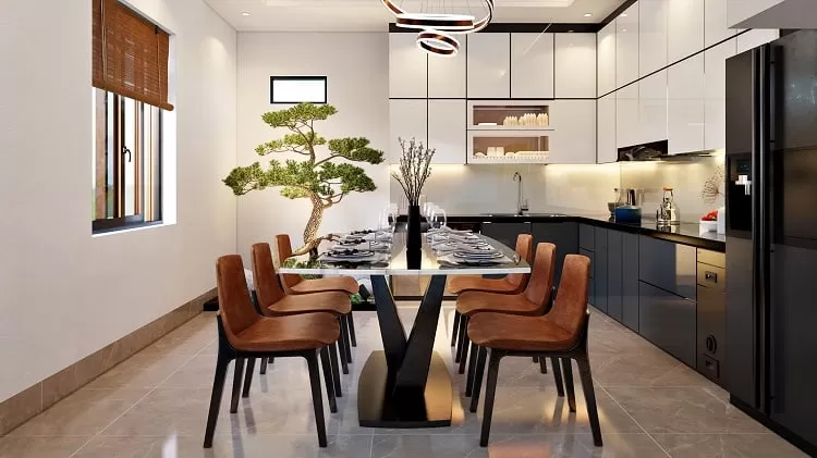 Thiết kế phòng bếp đầy đủ tiện nghi của mẫu nhà 100m2 thông thoáng