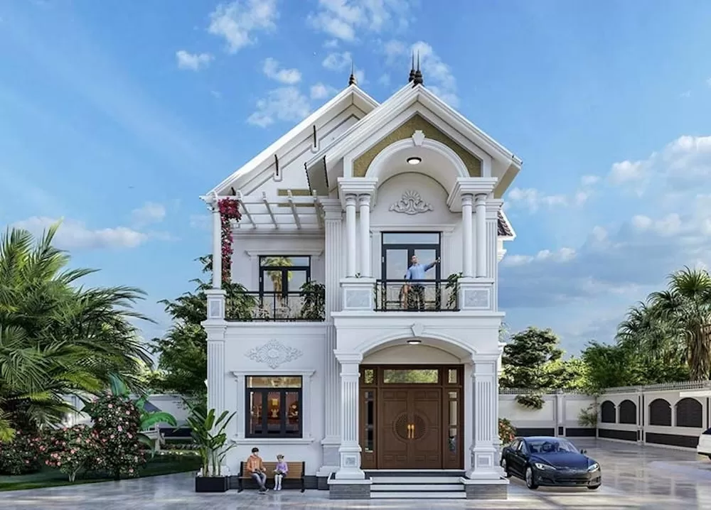 Mẫu nhà 2 tầng mái thái ở nông thôn có sân vườn rộng rãi thoáng đãng