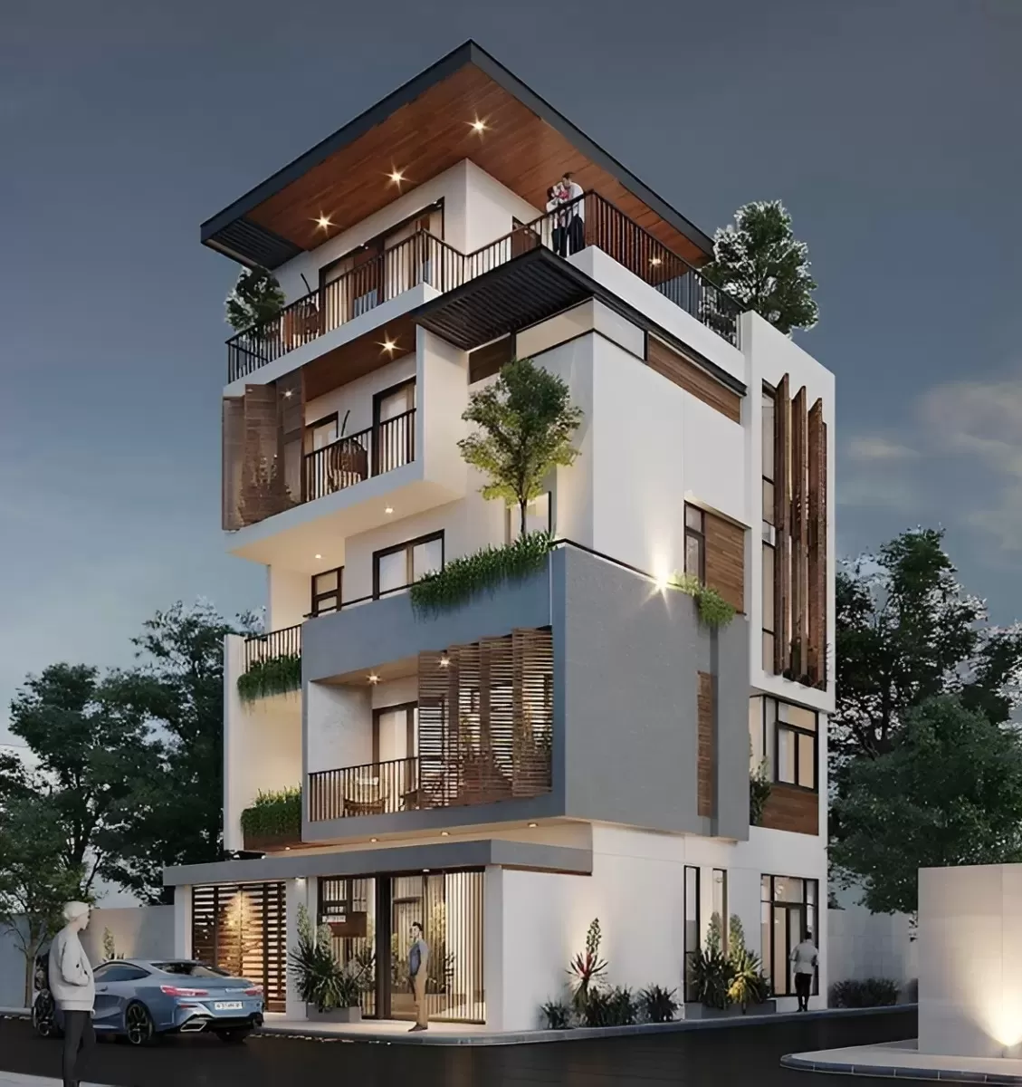 Mẫu nhà phố 5 tầng có thang máy nổi bật giữa phố