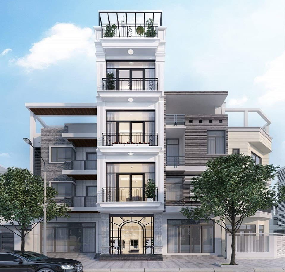 Mẫu nhà 5x15m có ban công rộng rãi kết hợp thang máy
