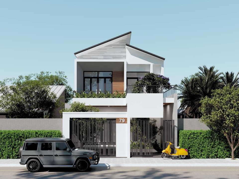Thiết kế nhà mái lệch 2 tầng ngang 6m dài 15m ấn tượng