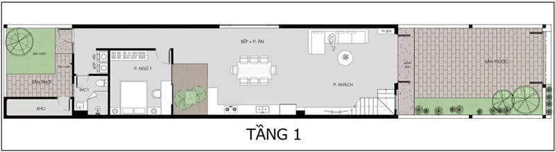 Bản vẽ thiết kế tầng 1 nhà 5x20m 2 tầng 3 phòng ngủ