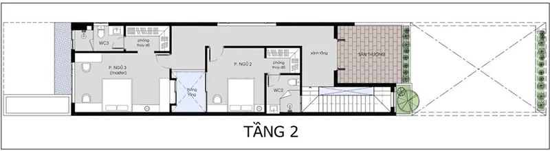 Bản vẽ thiết kế tầng 2 nhà 5x20m 2 tầng 3 phòng ngủ