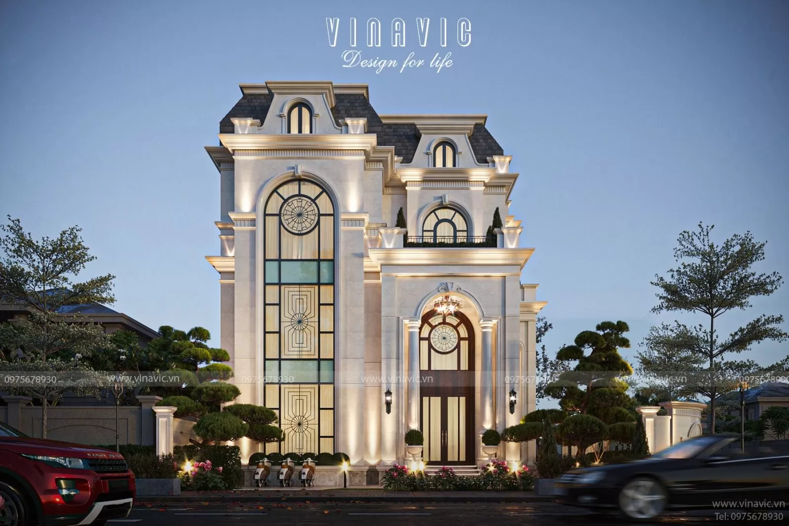 Phối cảnh mặt tiền biệt thự 4 tầng Tân Cổ Điển BT2371 của anh Minh