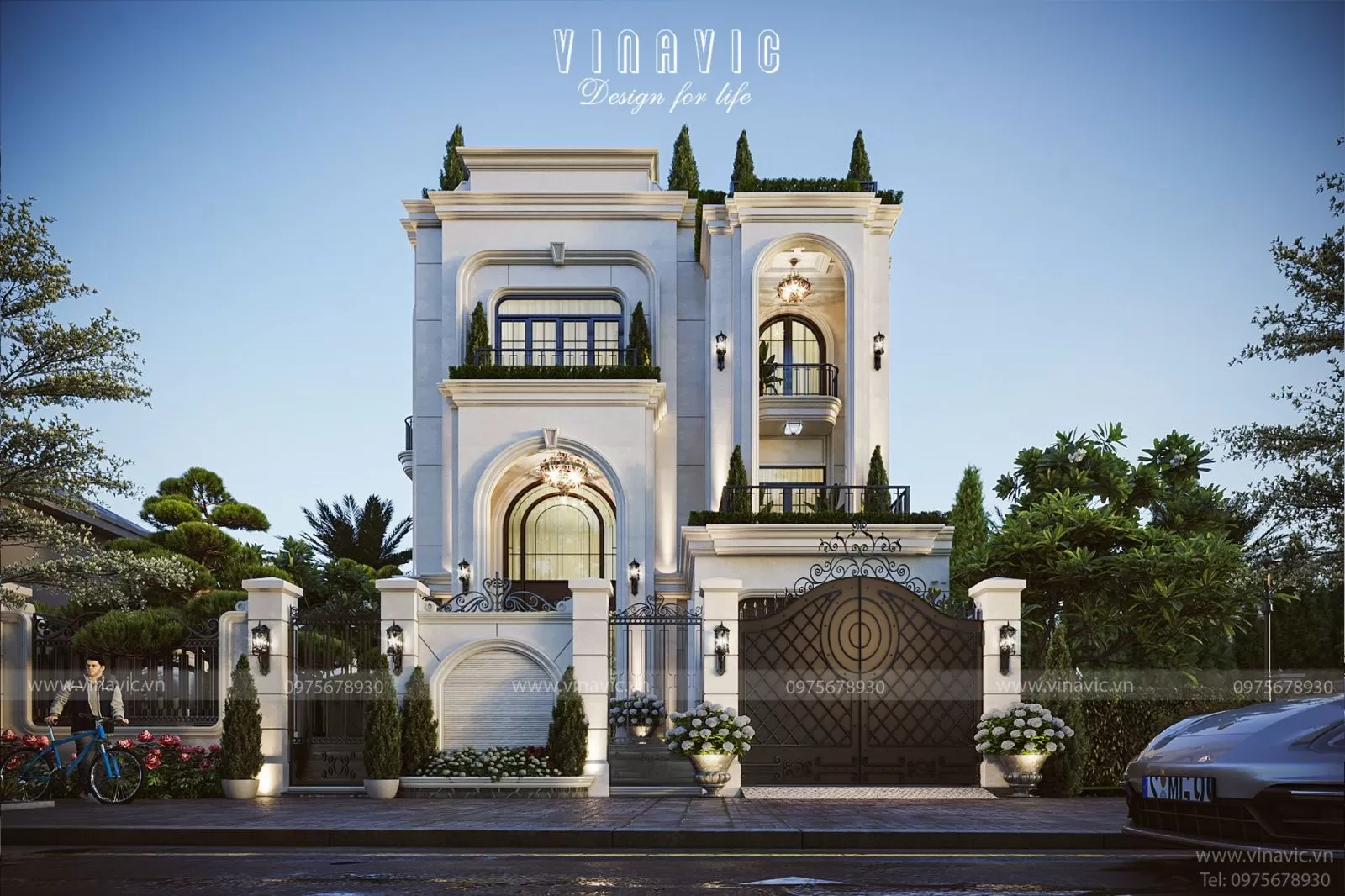 Phối cảnh mặt tiền Biệt thự 4 tầng phong cách Neo Classic nhẹ nhàng tinh tế BT2375