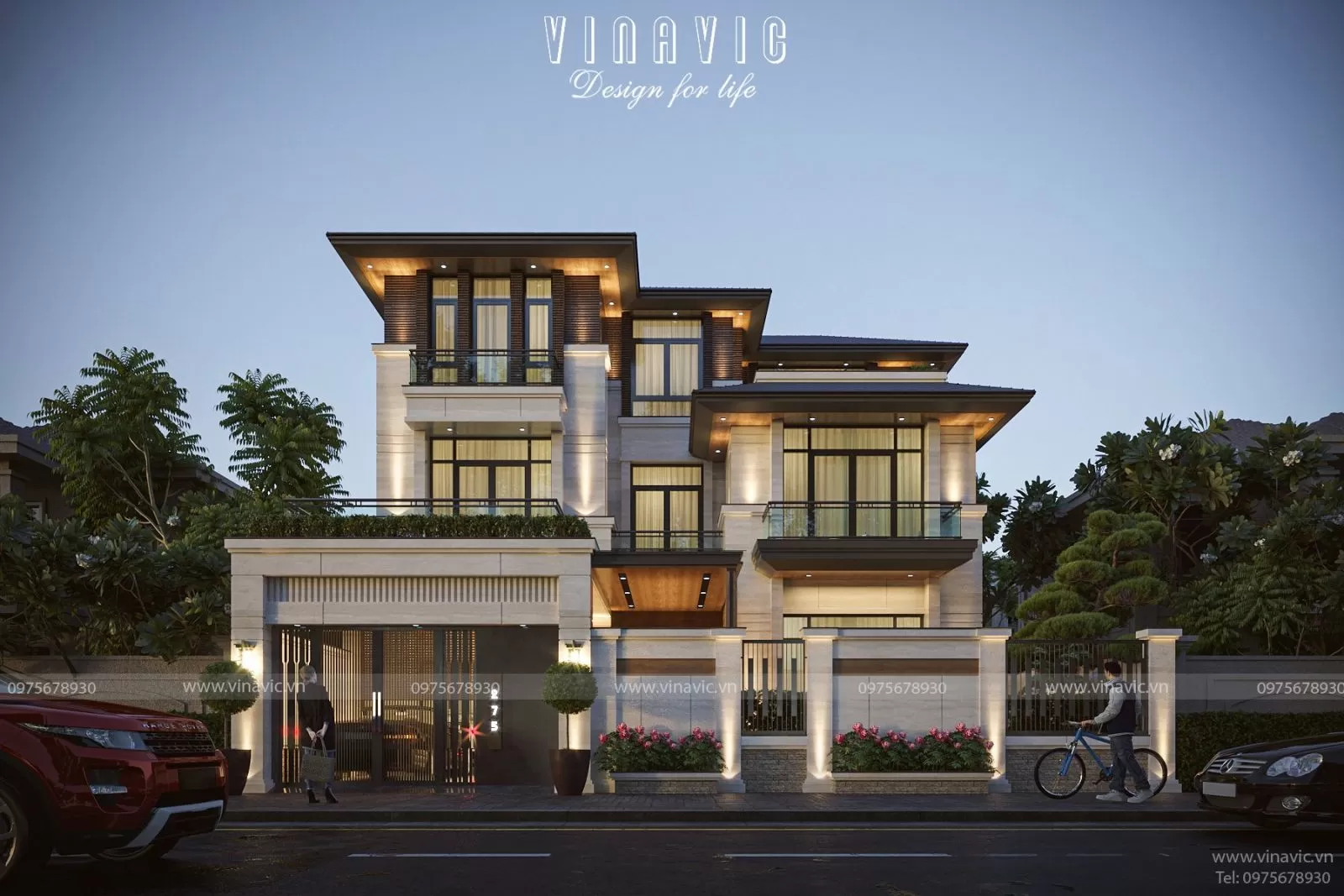 Phối cảnh mặt tiền biệt thự 3 tầng hiện đại đẹp 255m2 BT2377