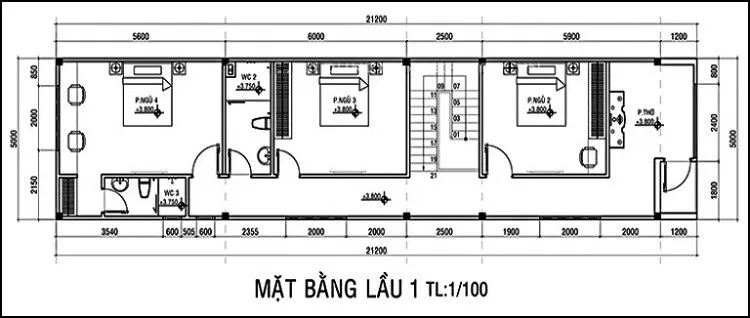Mặt bằng tầng 1 mẫu nhà 2 tầng 4 phòng ngủ 5x17 