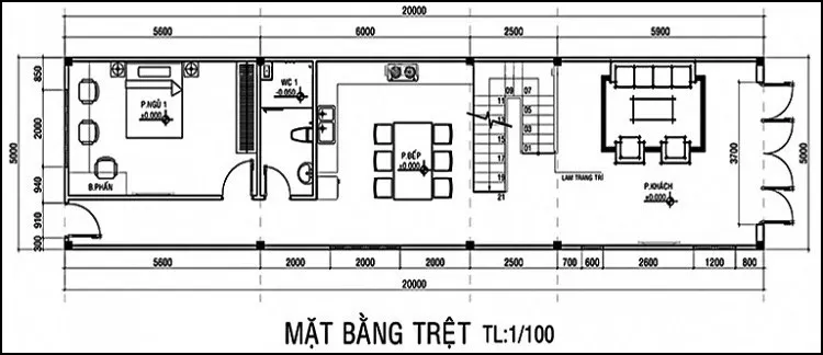 Mặt bằng tầng trệt mẫu nhà 2 tầng 4 phòng ngủ 5x17 