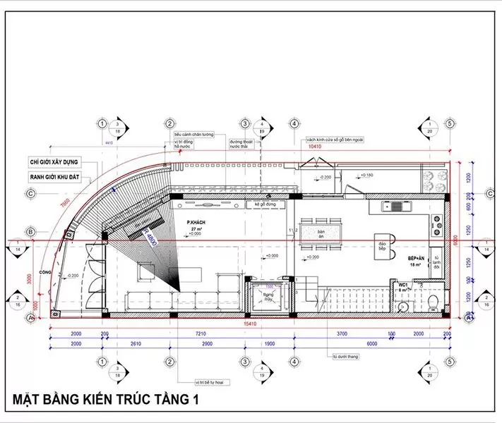 Mặt bằng tầng 1 mẫu nhà ống 4 tầng 1 tum