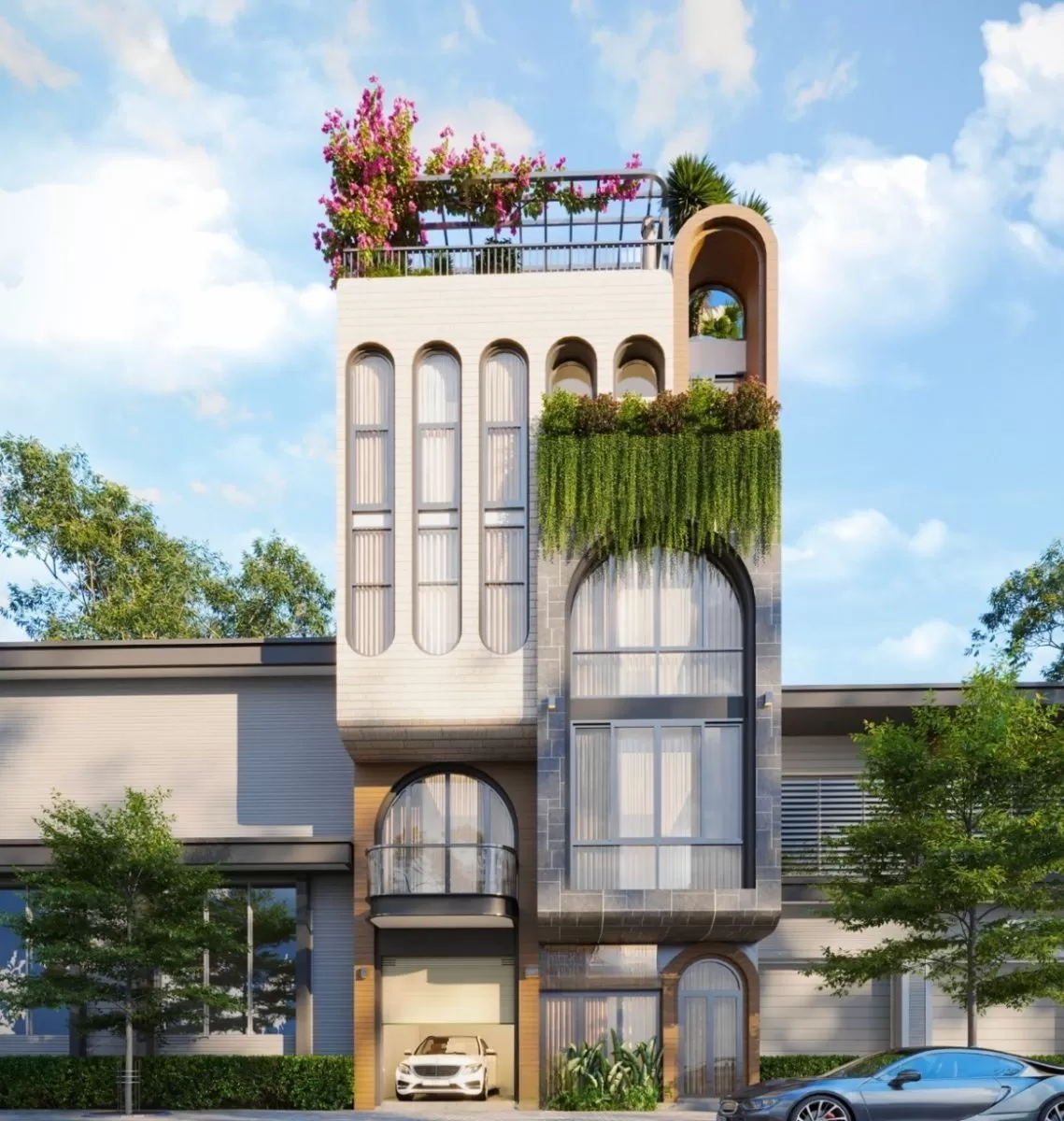 Mẫu nhà ống 7 tầng có thang máy với mặt tiền ấn tượng
