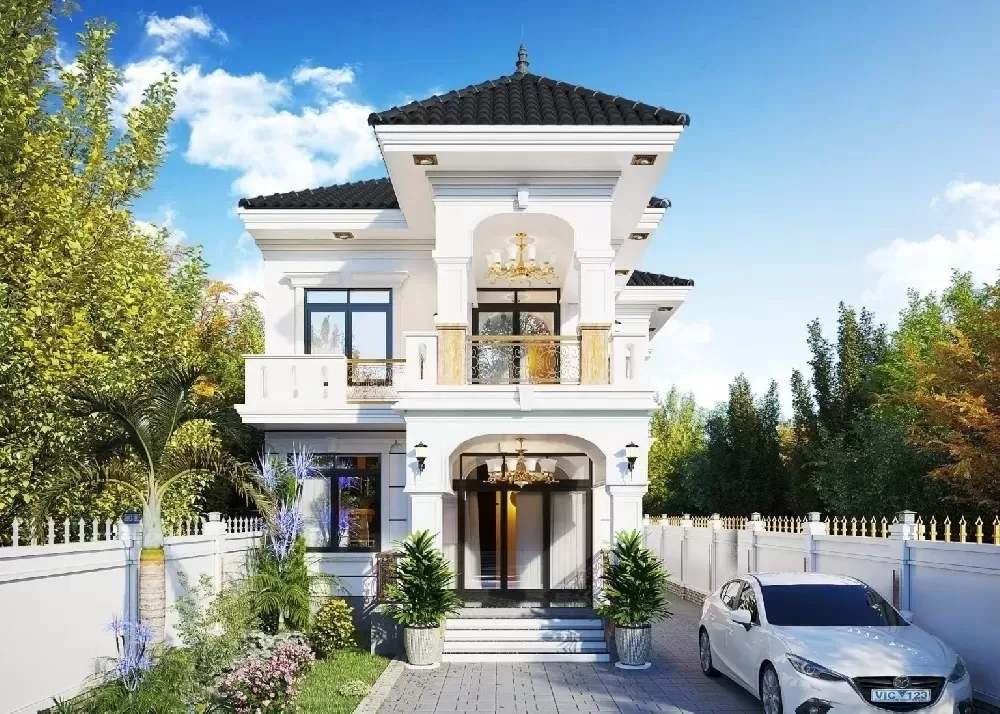 Mẫu nhà 1 trệt 1 lầu Tân Cổ Điển mặt tiền đẹp được nhiều gia đình ở nông thôn yêu thích