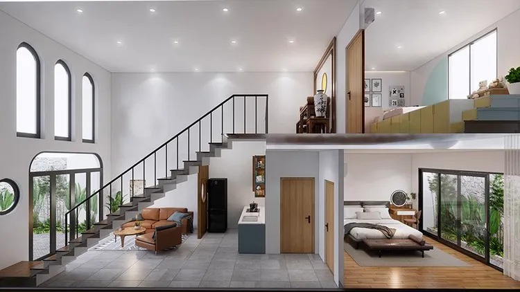Thiết kế 2 phòng ngủ rộng rãi của căn nhà có gác lửng 5x18m