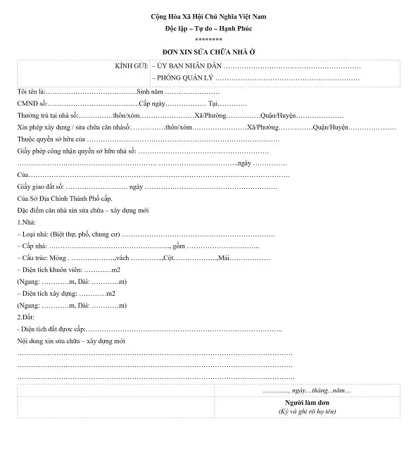 Đơn đề nghị cấp giấy phép sửa chữa, cải tạo công trình