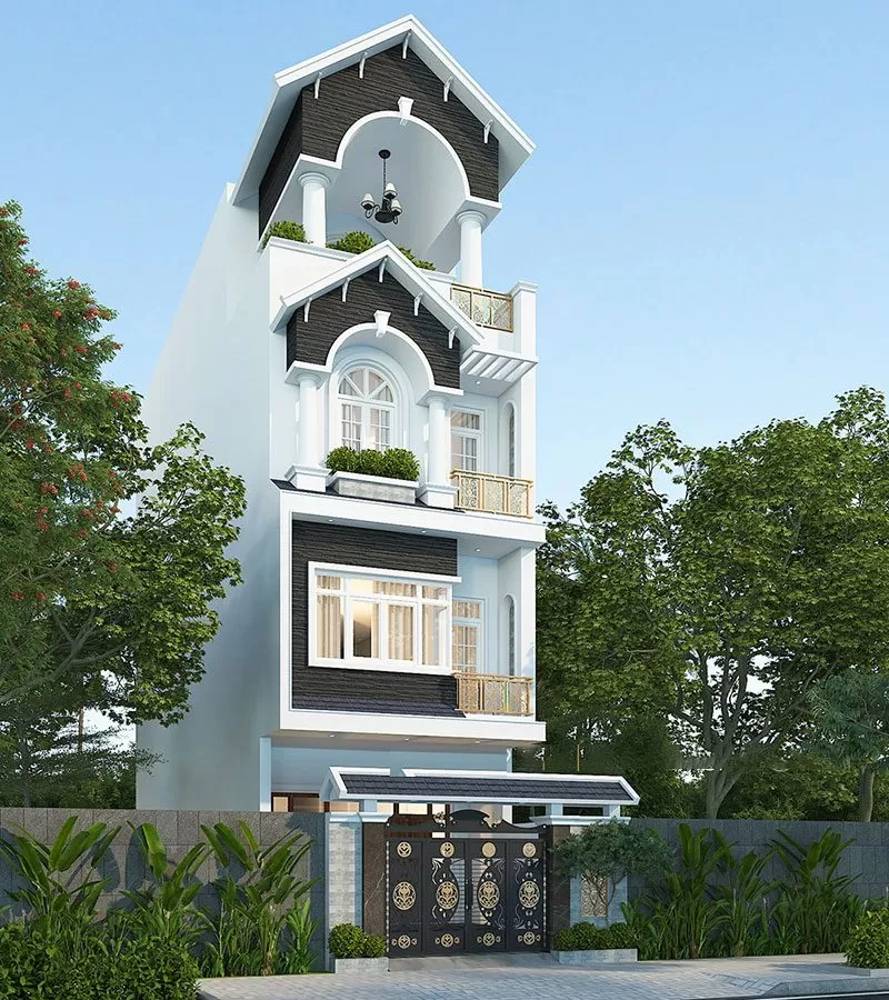 Thiết kế nhà ống 3 tầng 1 tum Tân Cổ Điển mái thái phổ biến