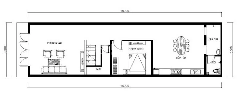 Mặt bằng tầng 1 mẫu nhà ống mái thái 3 tầng mặt tiền 5m
