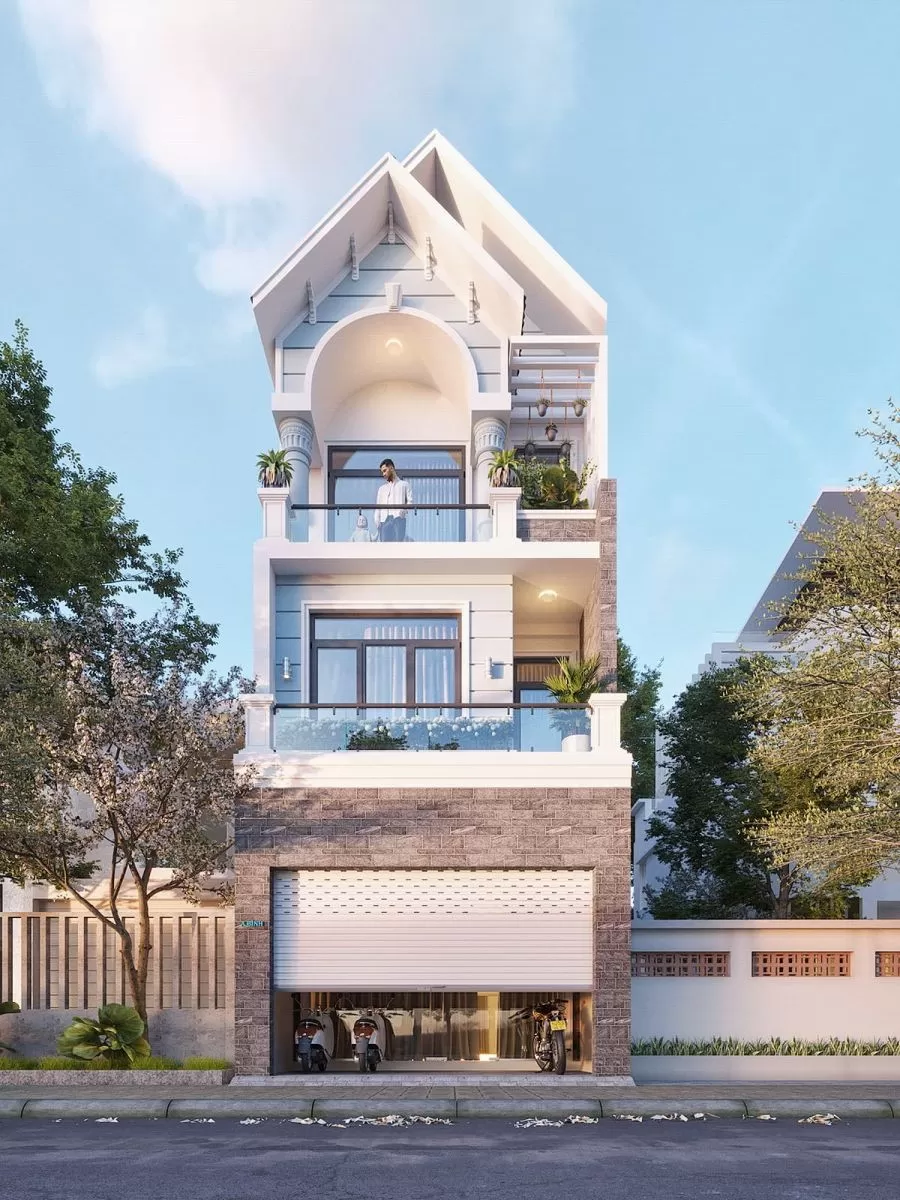 Thiết kế nhà ống 3 tầng mái thái có sân thượng thông thoáng