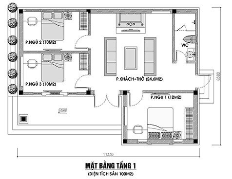 Bản vẽ chi tiết nhà cấp 4 mái nhật 3 phòng ngủ 100m2