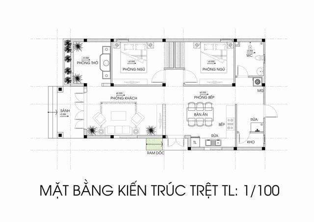 Bản vẽ chi tiết nhà cấp 4 mái nhật 3 phòng ngủ có phòng thờ