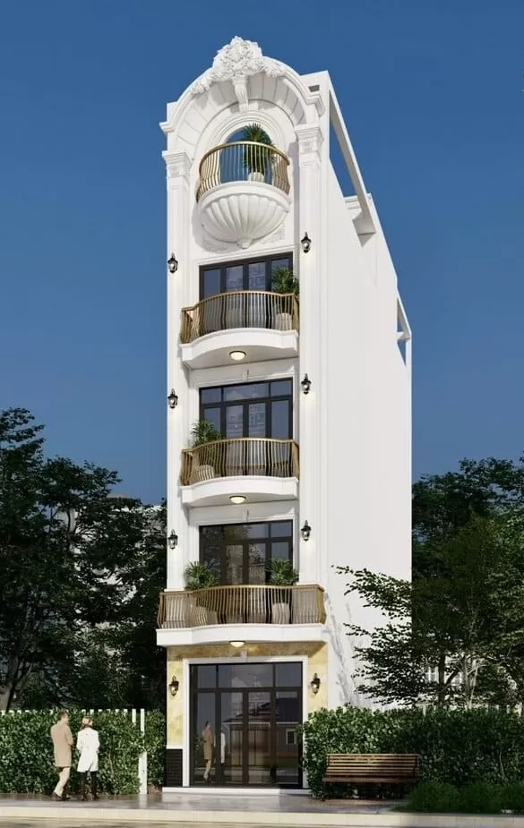 Thiết kế nhà 5 tầng 50m2 phong cách tân cổ điển tone trắng sứ 