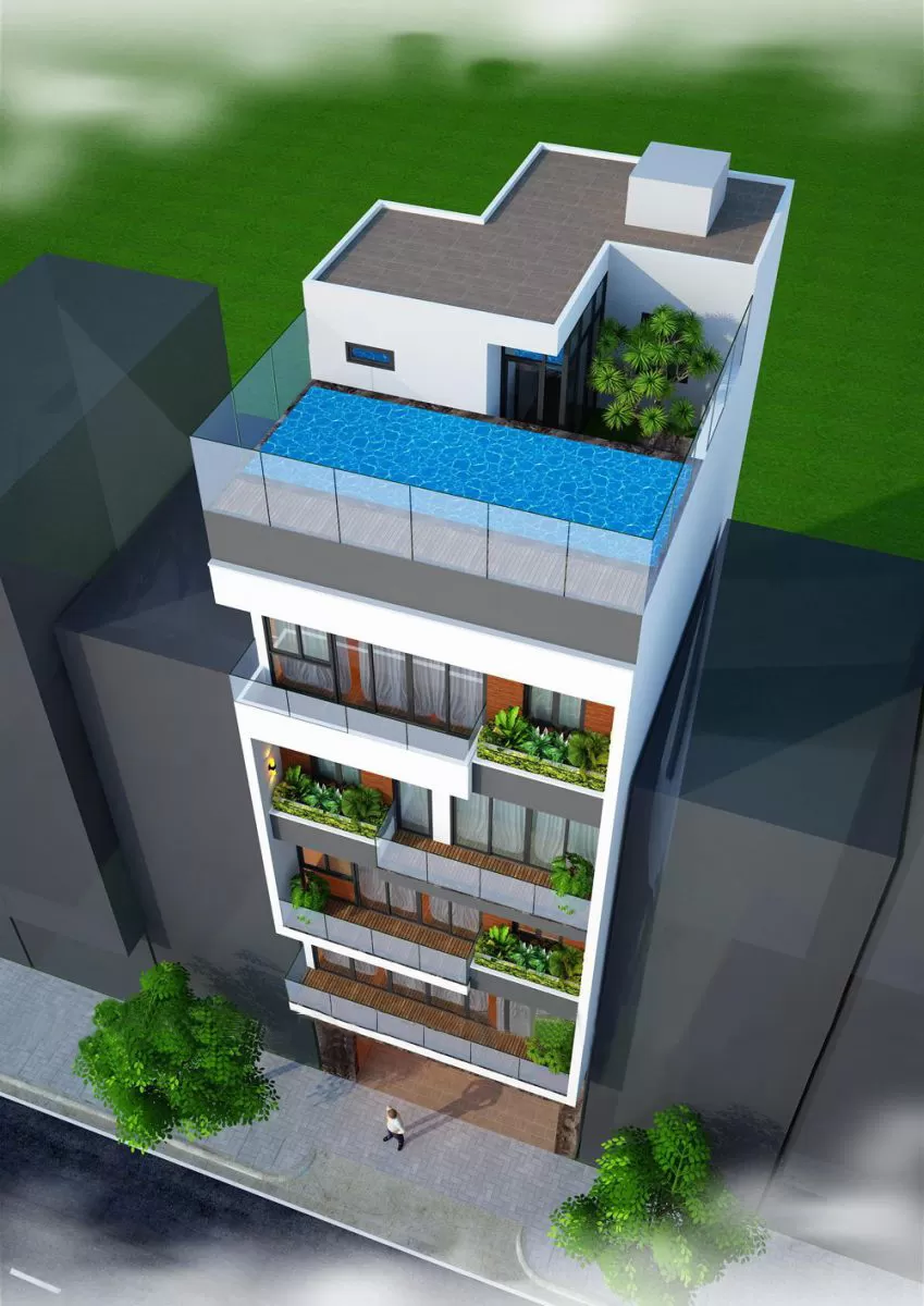 Mẫu thiết kế nhà 5 tầng 50m2 có hồ bơi sân thượng đẳng cấp