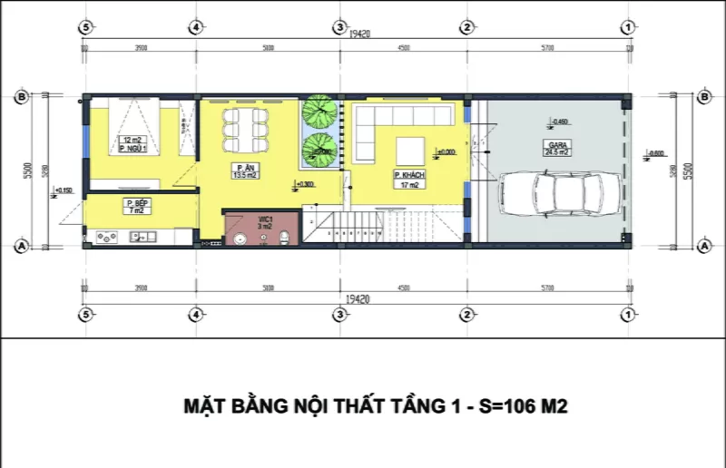 Mặt bằng kiến trúc tầng 1 nhà ống 3 tầng 5x15m