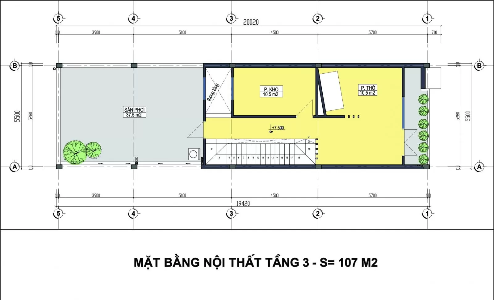 Mặt bằng kiến trúc tầng 3 nhà ống 3 tầng 5x15m