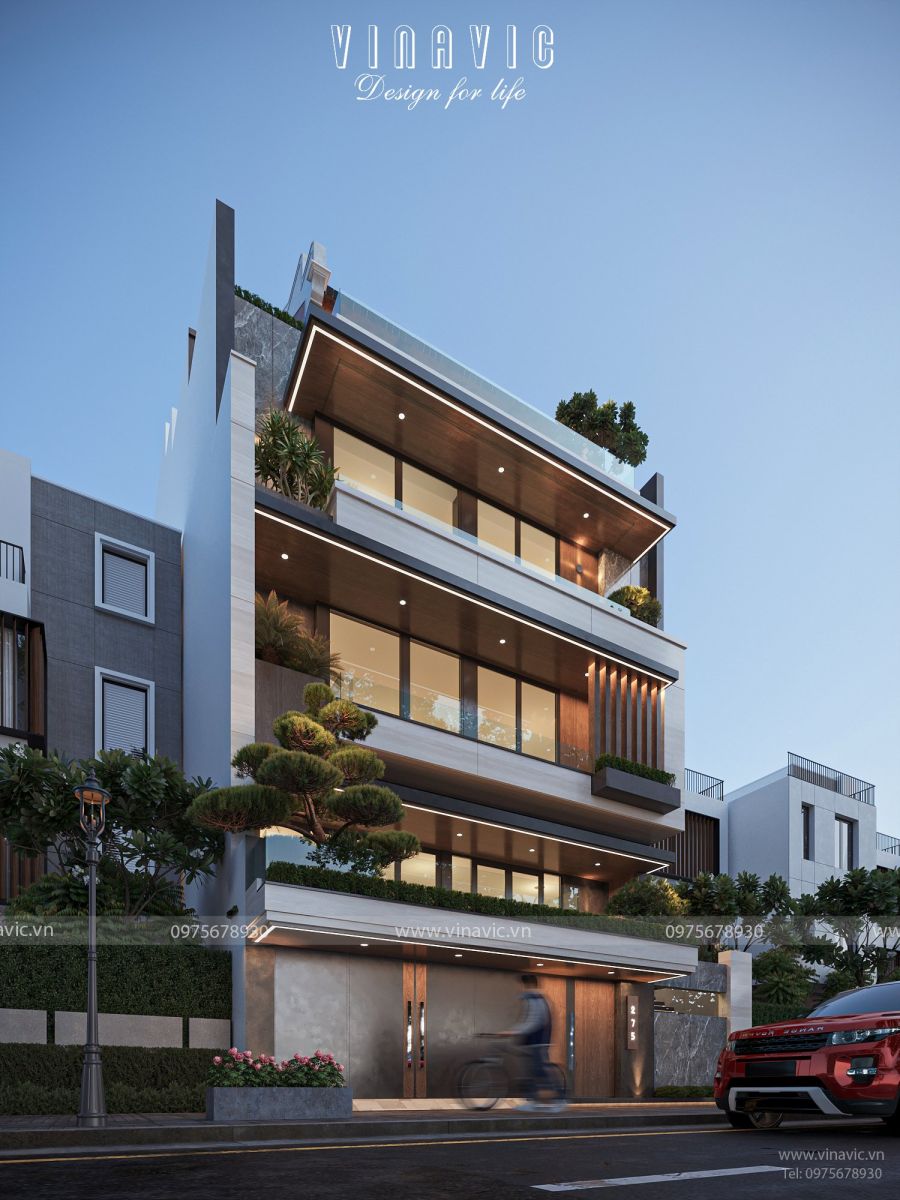 Biệt thự hiện đại 4 tầng 1 trệt 242m2 sử dụng màu trắng xám làm chủ đạo