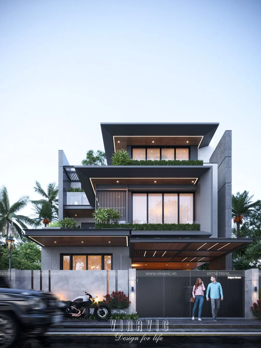 Mẫu nhà biệt thự 3 tầng mái bằng hiện đại (11m x15m) 165m2 BT2386
