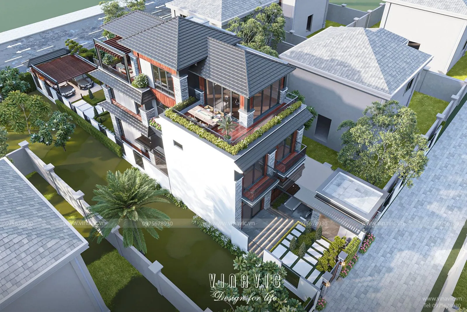 Mái nhật xanh đen tăng tính thẩm mỹ cao cho căn nhà hiện đại 3 tầng mặt tiền 7m