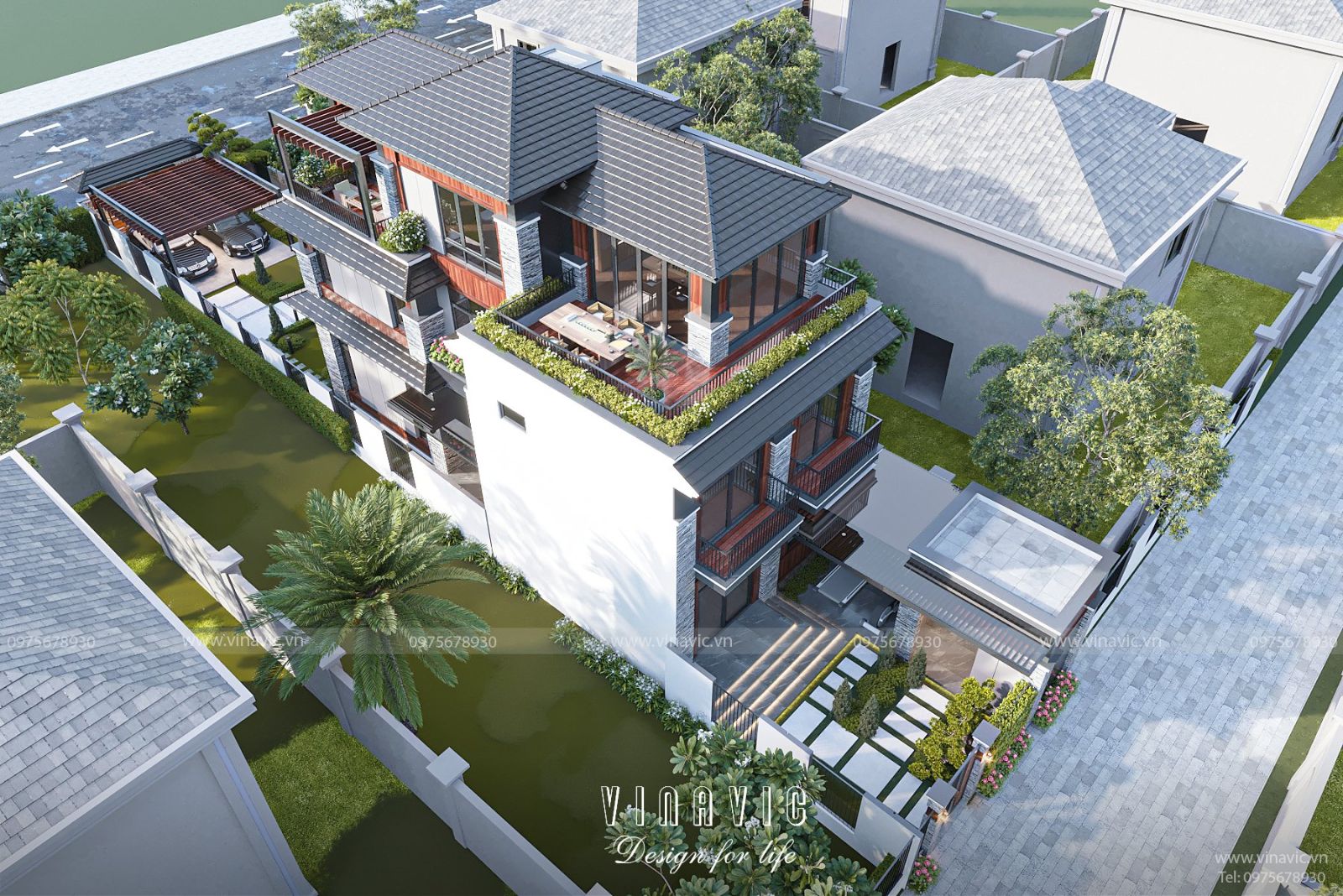 Mái nhật xanh đen tăng tính thẩm mỹ cao cho căn nhà hiện đại 3 tầng mặt tiền 7m