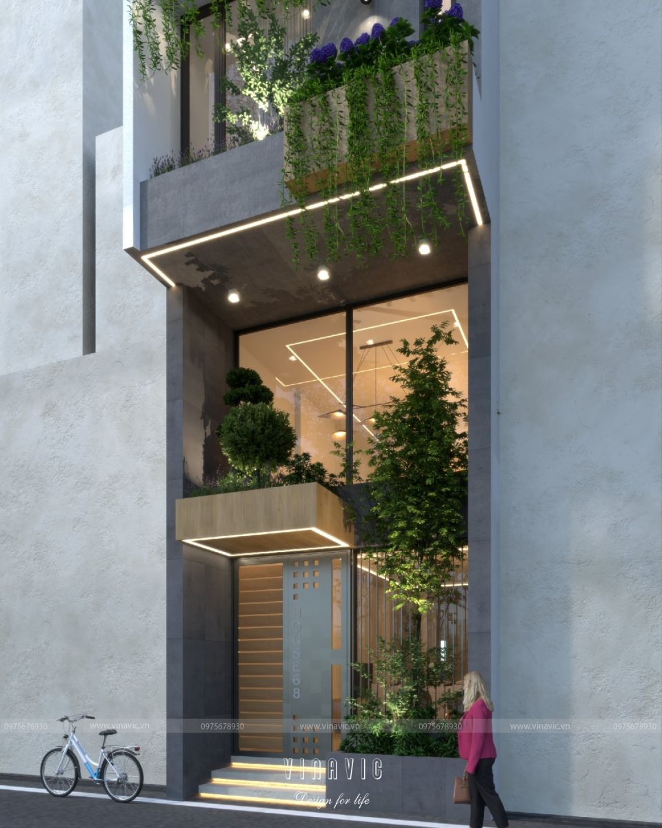 Nhà phố 4 tầng 1 tum có gác lửng sơn ngoại thất và sử dụng gỗ nhựa, gạch tự nhiên