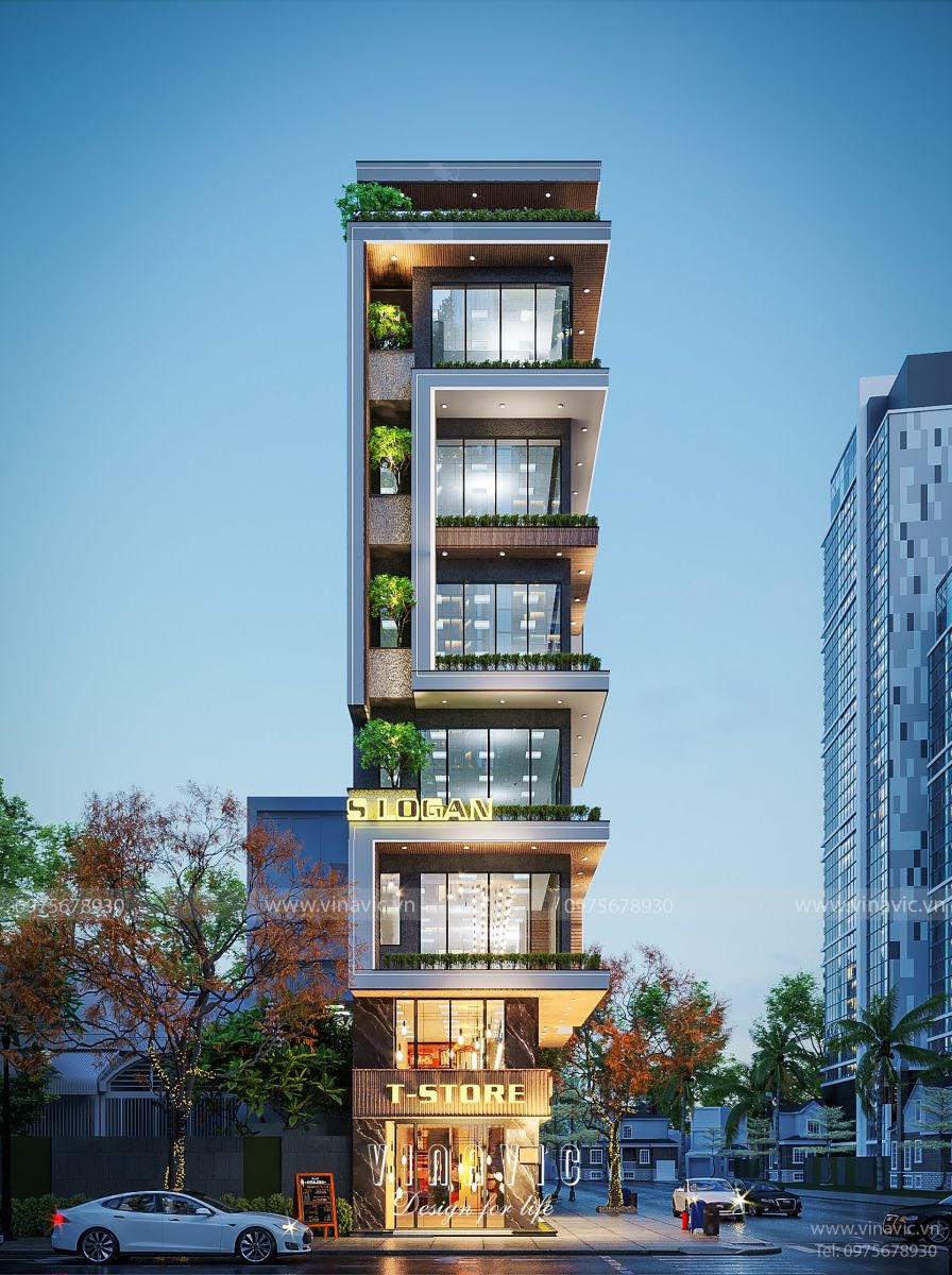 Nhà ống 7 tầng sử dụng tầng 1 đến tầng 5 phục vụ nhu cầu kinh doanh, tầng 6 và tầng 7 là không gian sinh hoạt gia đình