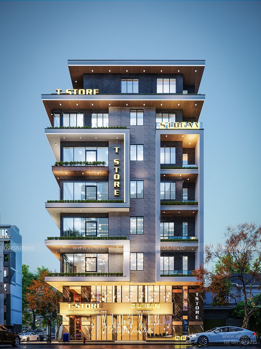 Kiến trúc sư khéo léo sắp xếp hình khối cân xứng, vững chắc tạo điểm nhấn ấn tượng cho công trình nhà ống 7 tầng có tháng máy kết hợp kinh doanh