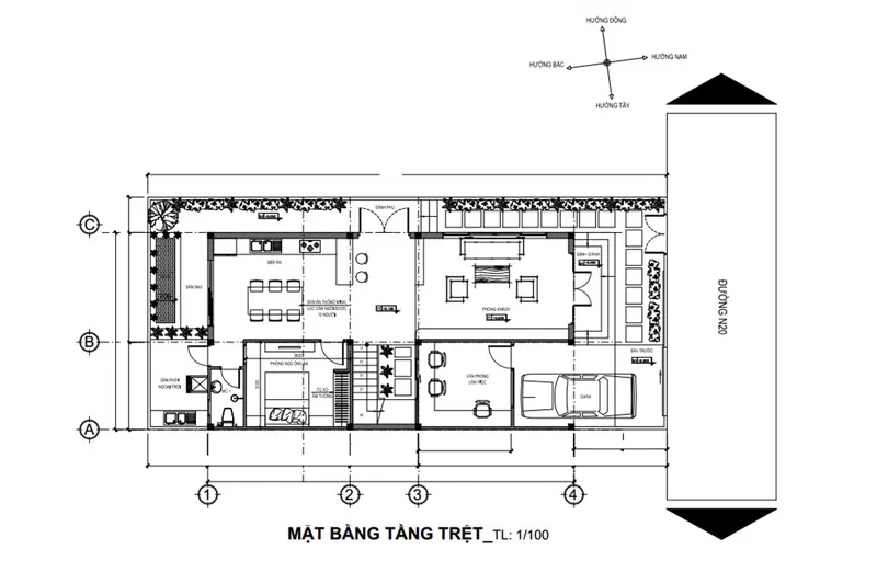 Mặt bằng tầng trệt nhà ống 2 tầng 90m2
