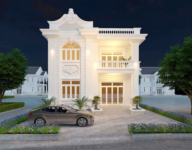 Mẫu nhà ống 2 tầng kiểu Pháp có sân rộng phía trước 