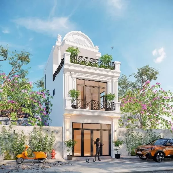 Thiết kế nhà ống 2 tầng 1 tum kiểu Pháp lãng mạn