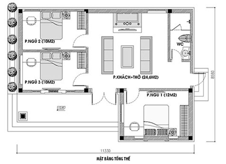 Bản vẽ nhà cấp 4 chữ L mái nhật 100m2 3 phòng ngủ