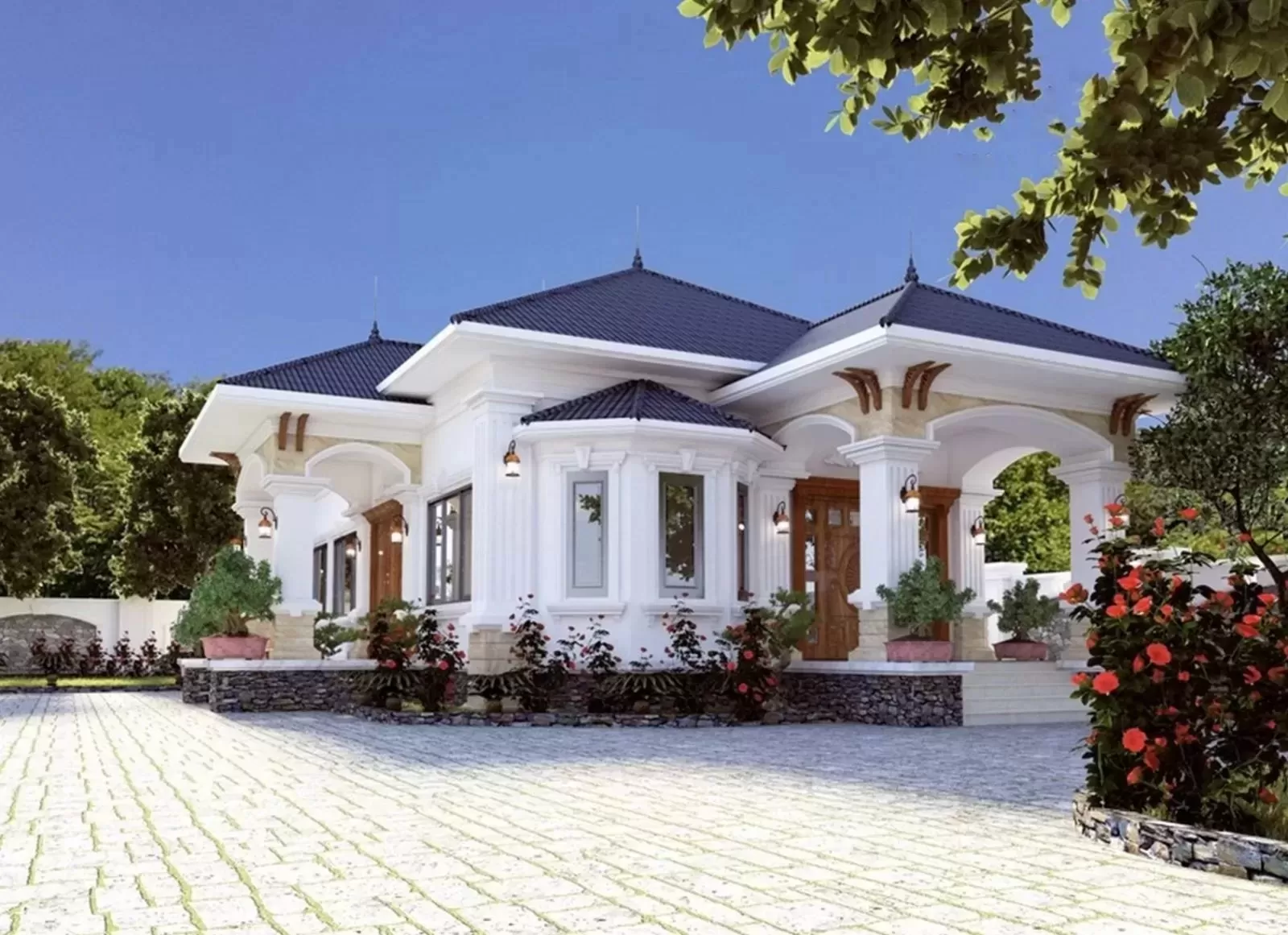 Mẫu nhà cấp 4 chữ L mái nhật Tân Cổ Điển rộng rãi thông thoáng