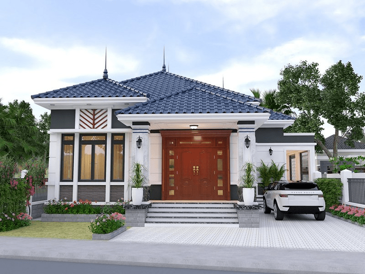 Thiết kế ngôi nhà cấp 4 mái nhật 2 phòng ngủ với cửa kính và khu vực đỗ xe tiện nghi