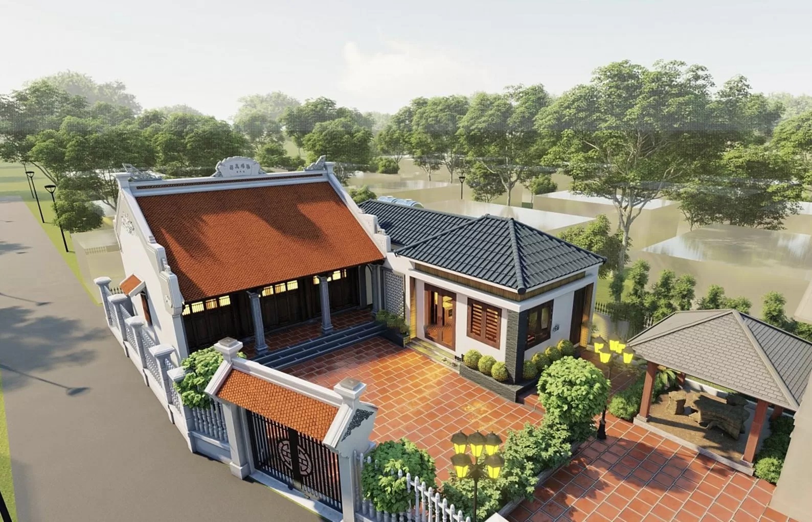 Nhà mái nhật cấp 4 chữ L kết hợp nhà thờ tổ trang trọng
