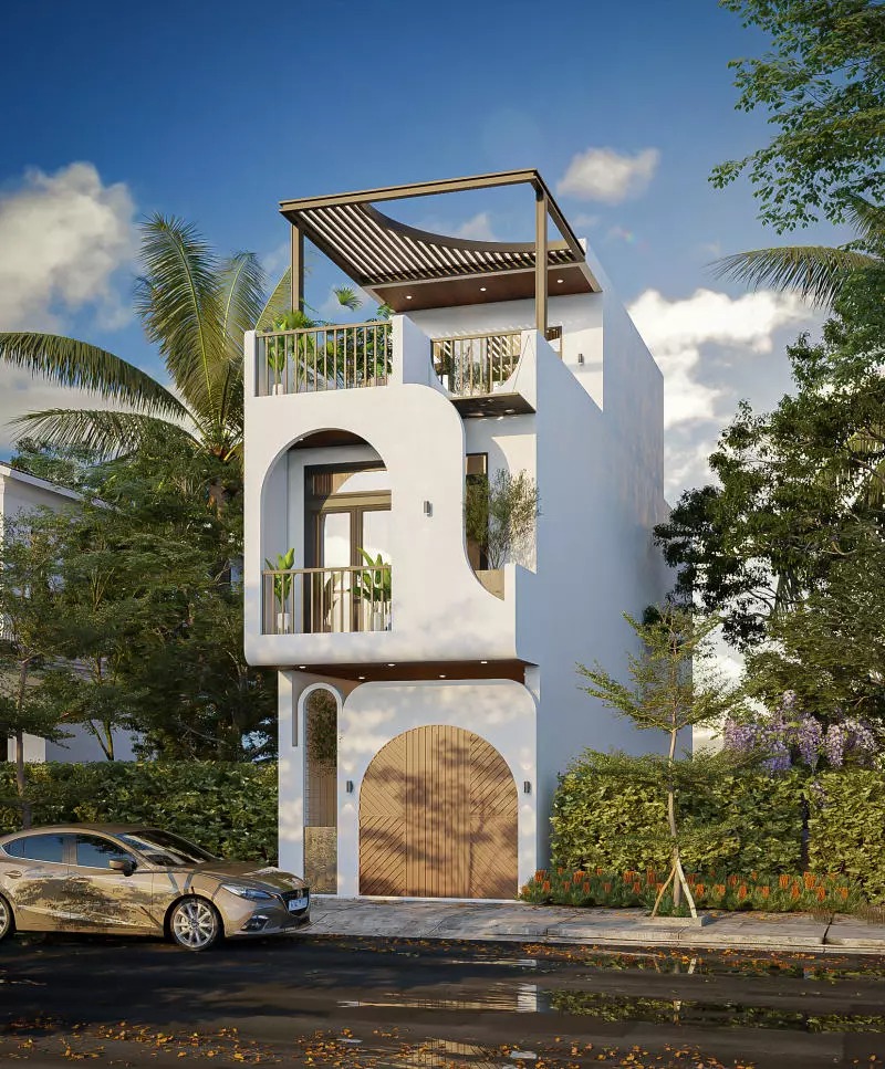 Mẫu nhà 2 tầng 60m2 1 tum tone màu tươi sang thu hút