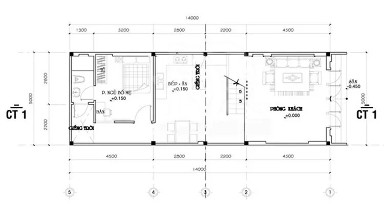 Bản vẽ mặt bằng tầng 1 nhà 5x14m 2 tầng