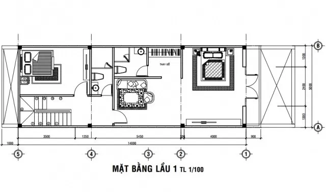 Mặt bằng lầu 1 mẫu nhà 5x14m 2 tầng có gara