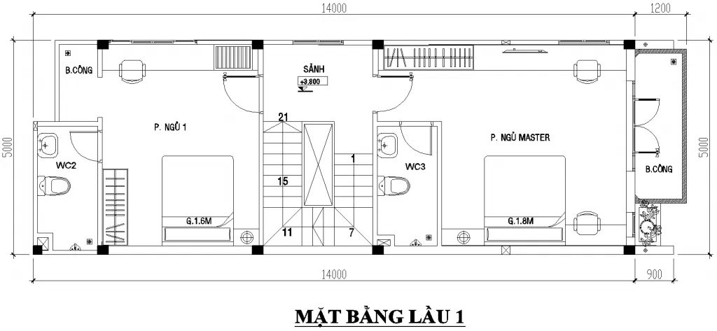 Mặt bằng lầu 1 nhà 2 tầng nông thôn